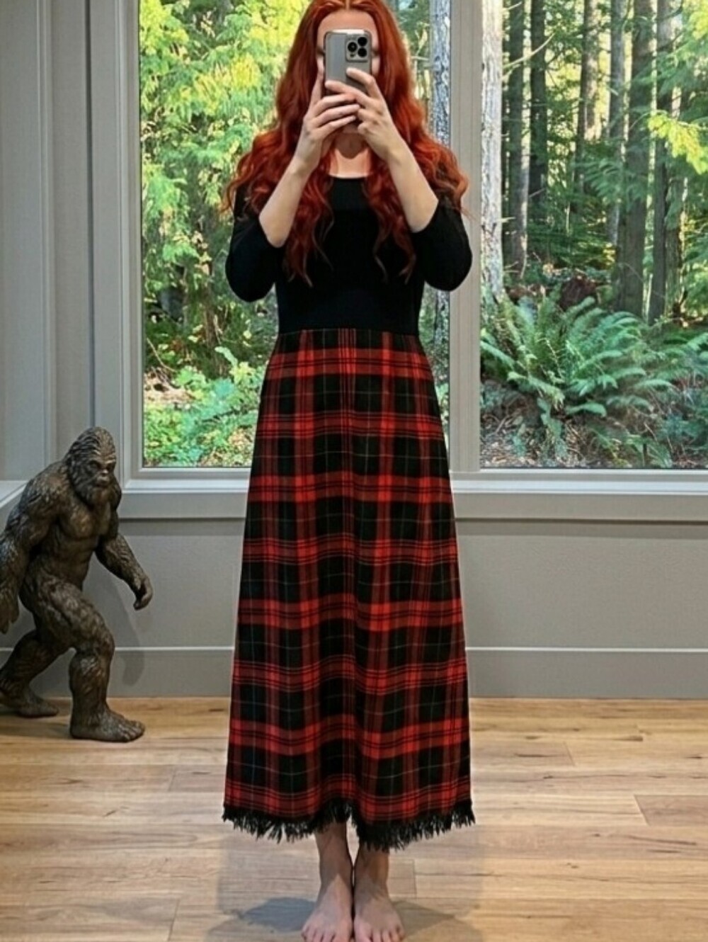 Vintage Black Bodice Red & Black Plaid Maxi Dress